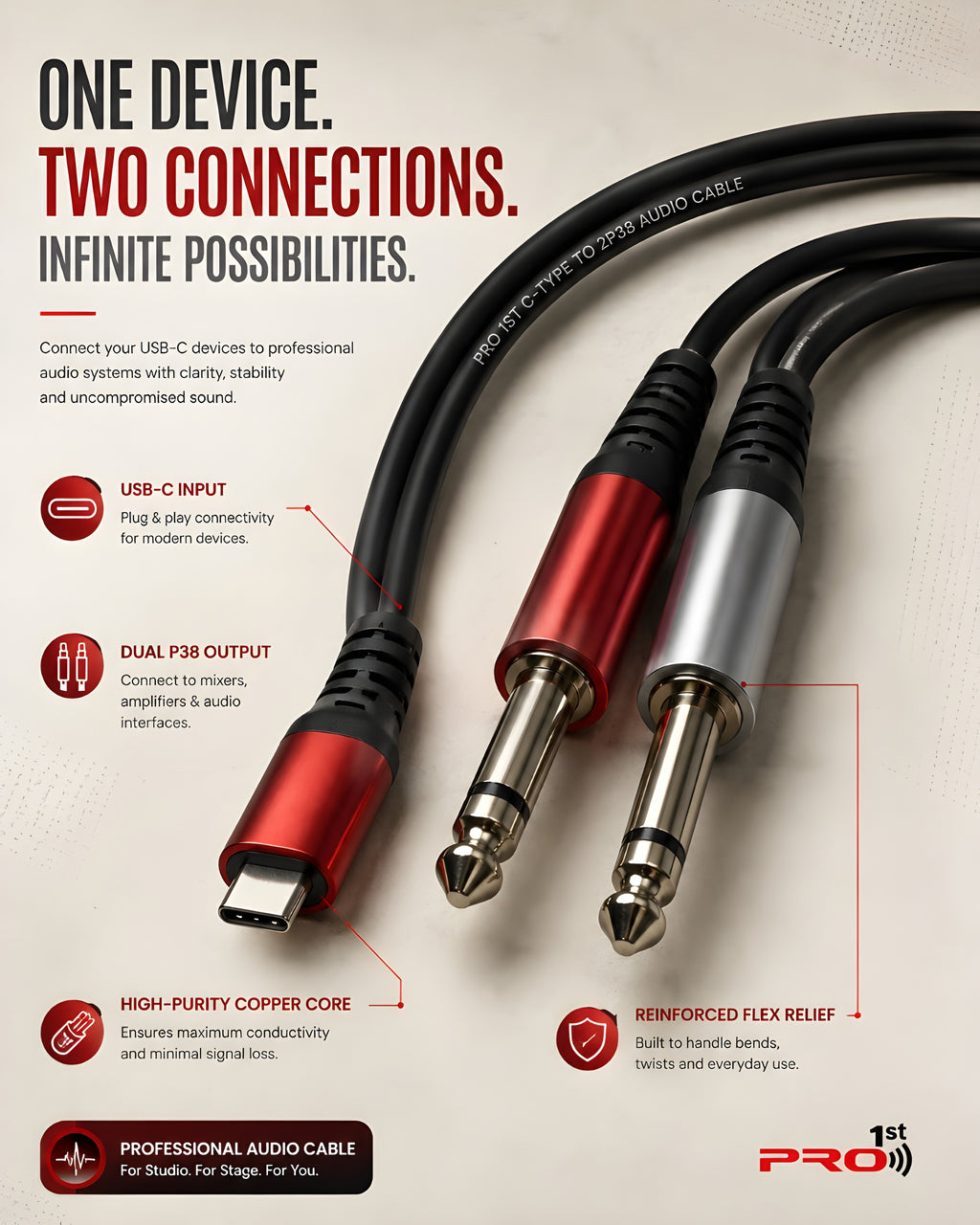 Pro 1st Type-C 2P/38 Dual 6.35mm (1/4") Jack to USB Type-C Professional Audio Cable — 2.0 Mtr
