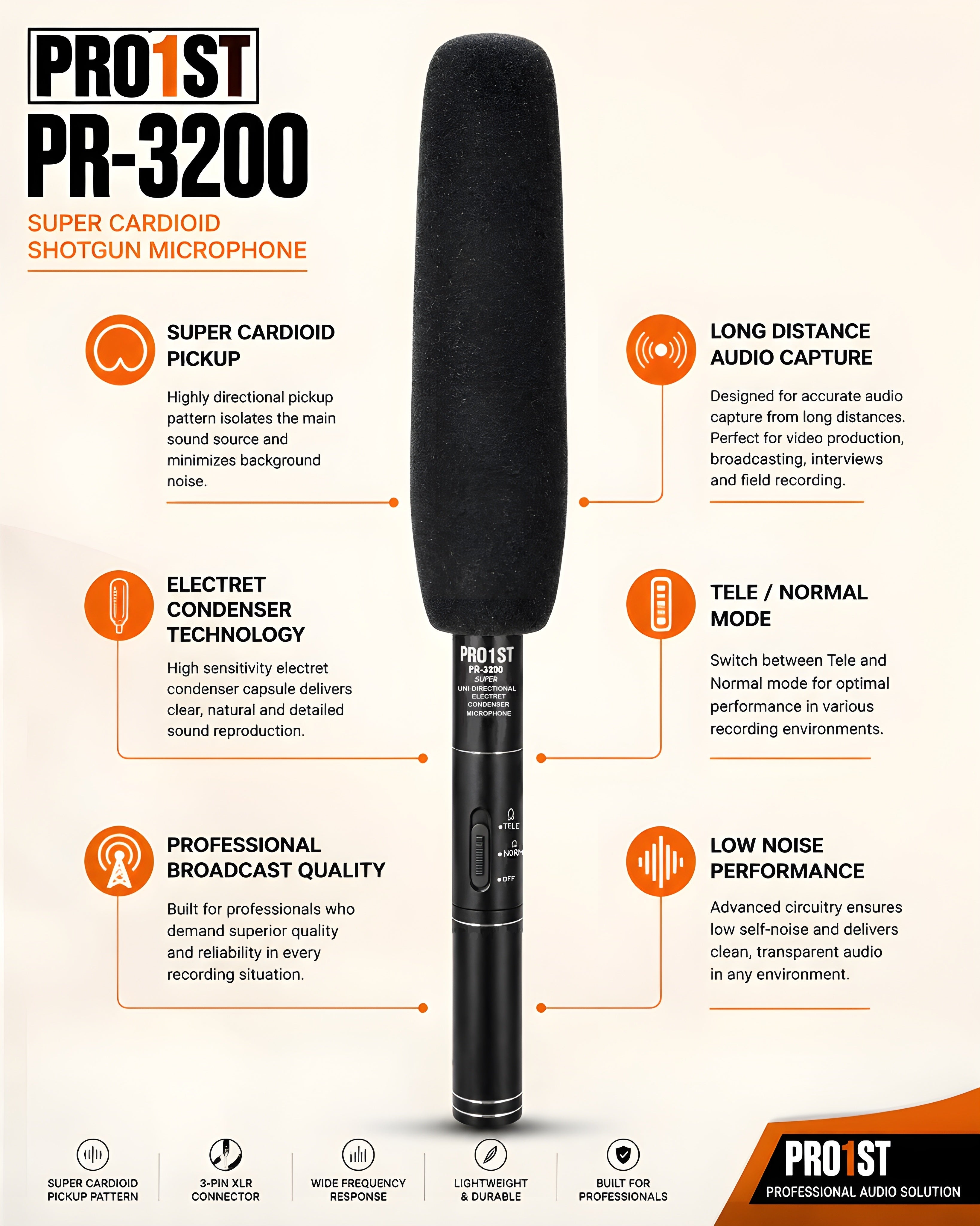 PRO-1ST PR-3200 Shotgun Condenser Microphone