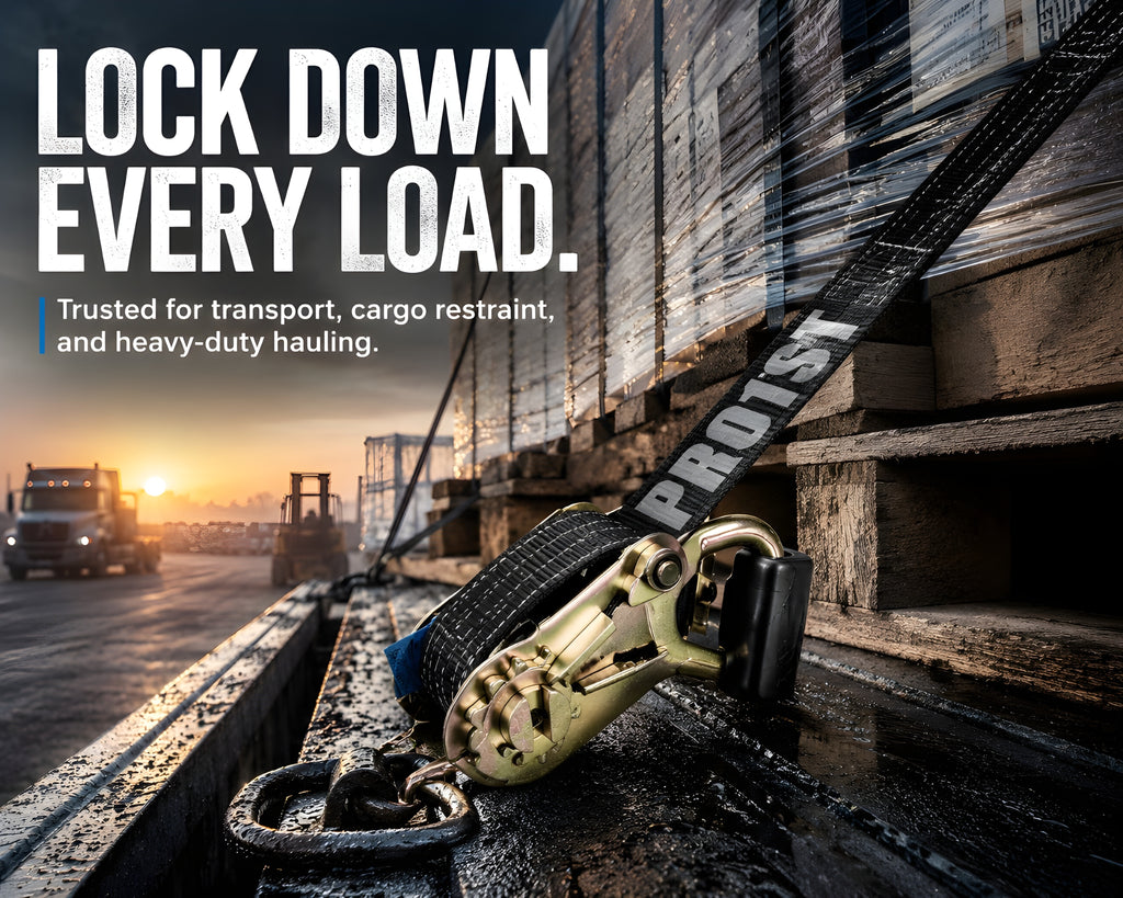 PRO-1ST Heavy Duty Ratchet Tie Down Strap with Double J Hook